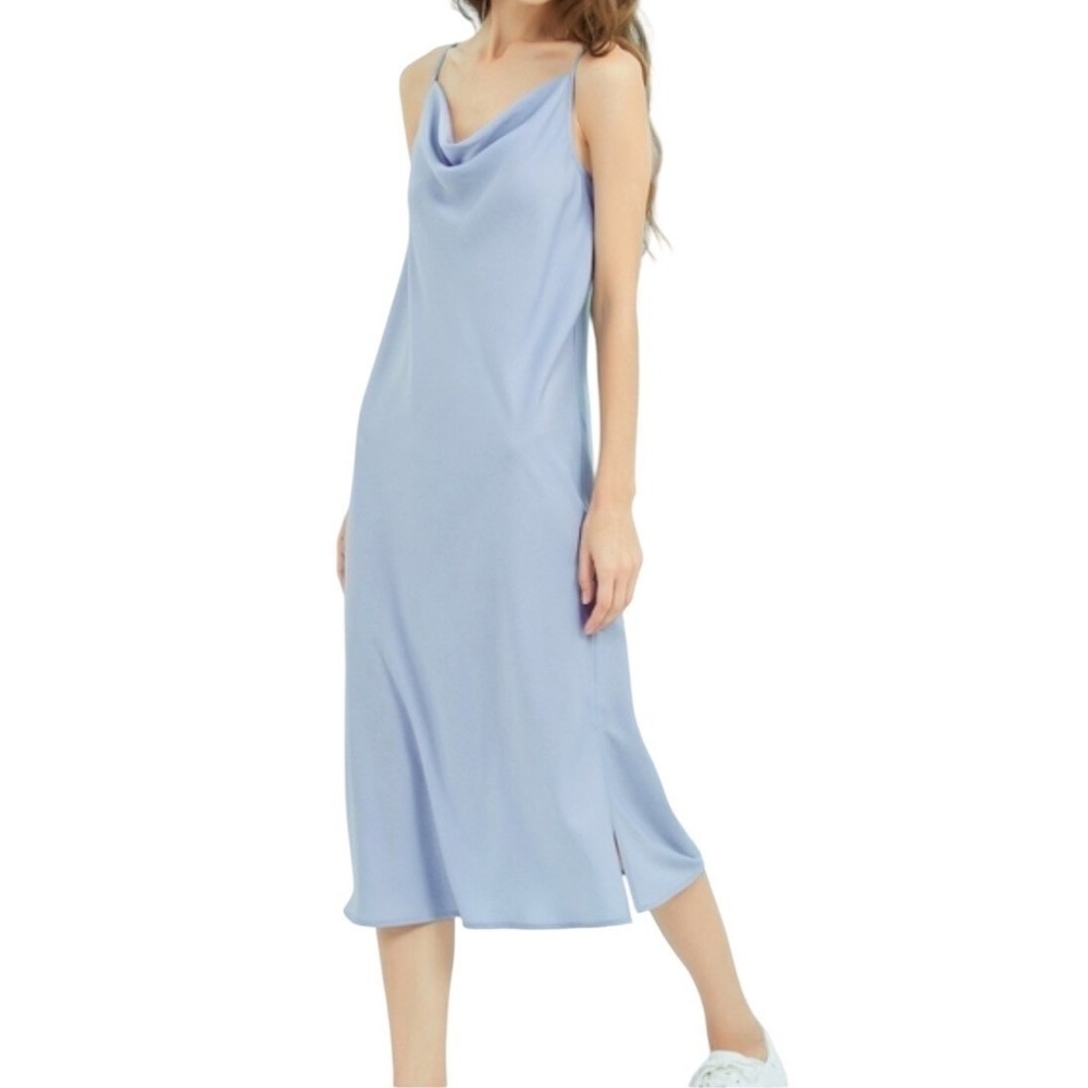 SUPESU Minimalist Eden Satin Slip Midi Dress Serenity Blue Cowl Neck NWT Small